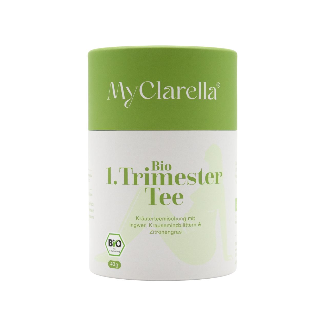 Zylindrische Dose mit grünem Deckel. Aufschrift: MyClarella Bio 1. Trimester Tee. Bio-Siegel. 40g.