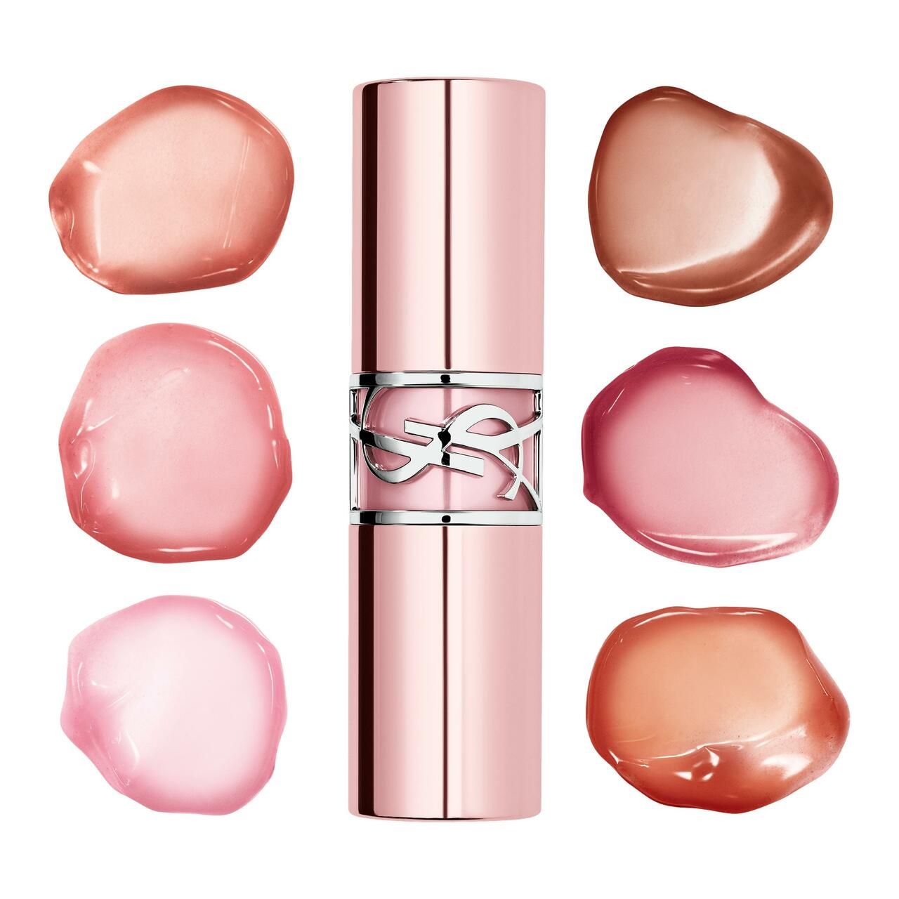 Lippenbalsam-Stift neben sechs Farbmustern. Rosa Metallhülse mit Logo.
