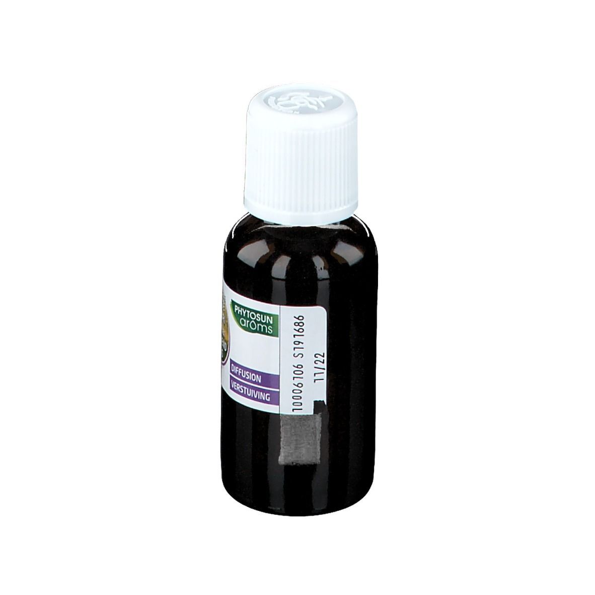 Phytosun arôms Complex Bois Fleuri. Flacon brun, bouchon blanc. Étiquette avec texte et numéro de lot.