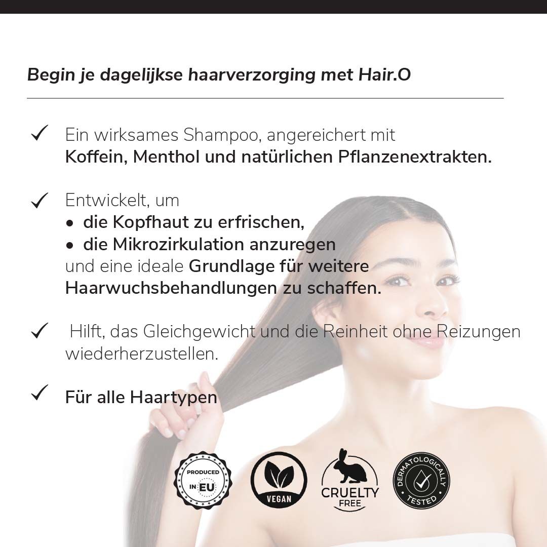Text auf weißem Hintergrund. Enthält Informationen über das Shampoo. Vegan, Cruelty Free und Dermatologisch getestet.