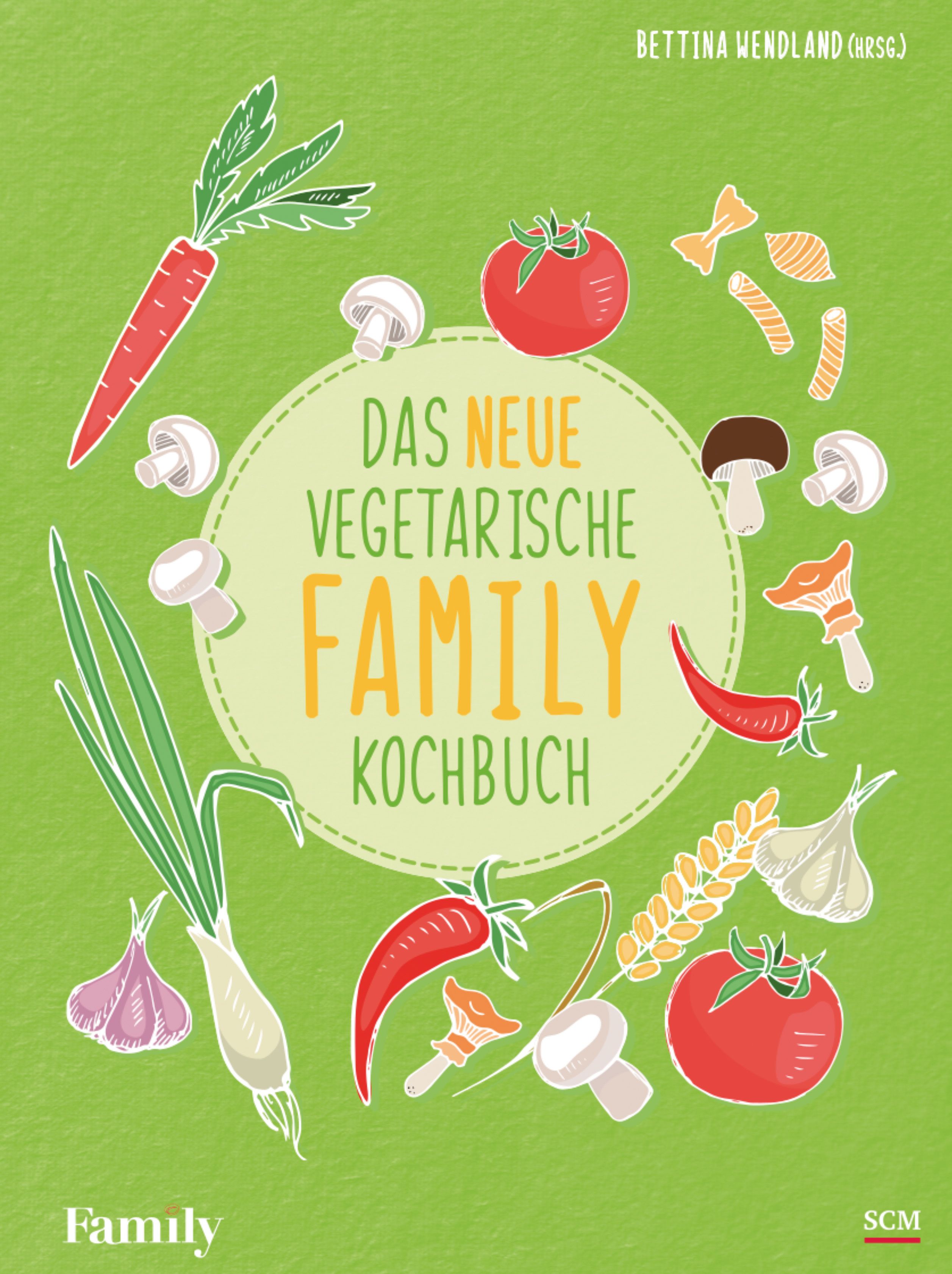 Buchcover mit Gemüse-Illustrationen. Titel: Das neue vegetarische FAMILY-Kochbuch. Autorin: Bettina Wendland.