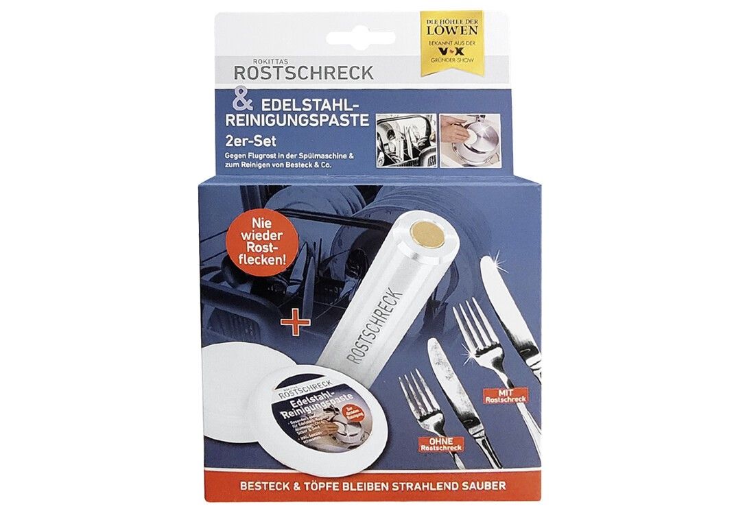 Set Rostschreck & Edelstahl-Reinigungspaste. 2er-Set. Enthält Reinigungspaste, Schwämme und eine Tube. Verpackung mit Logo.