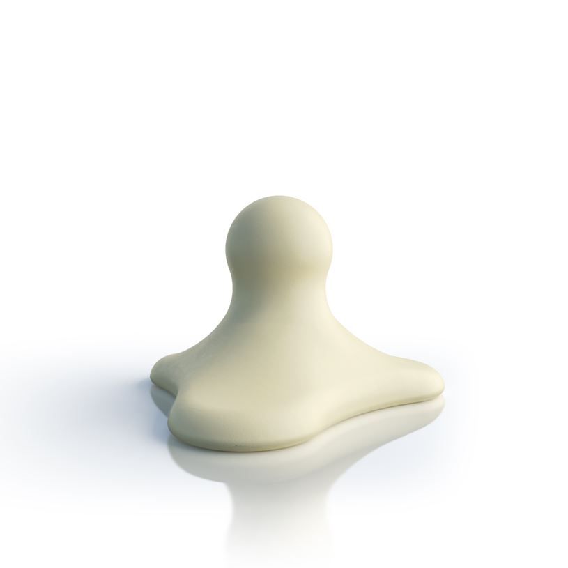 Kleine, beige Triggerdinger-Massagehilfe mit Sternbasis und kugelförmigem Kopf auf weißem Hintergrund.