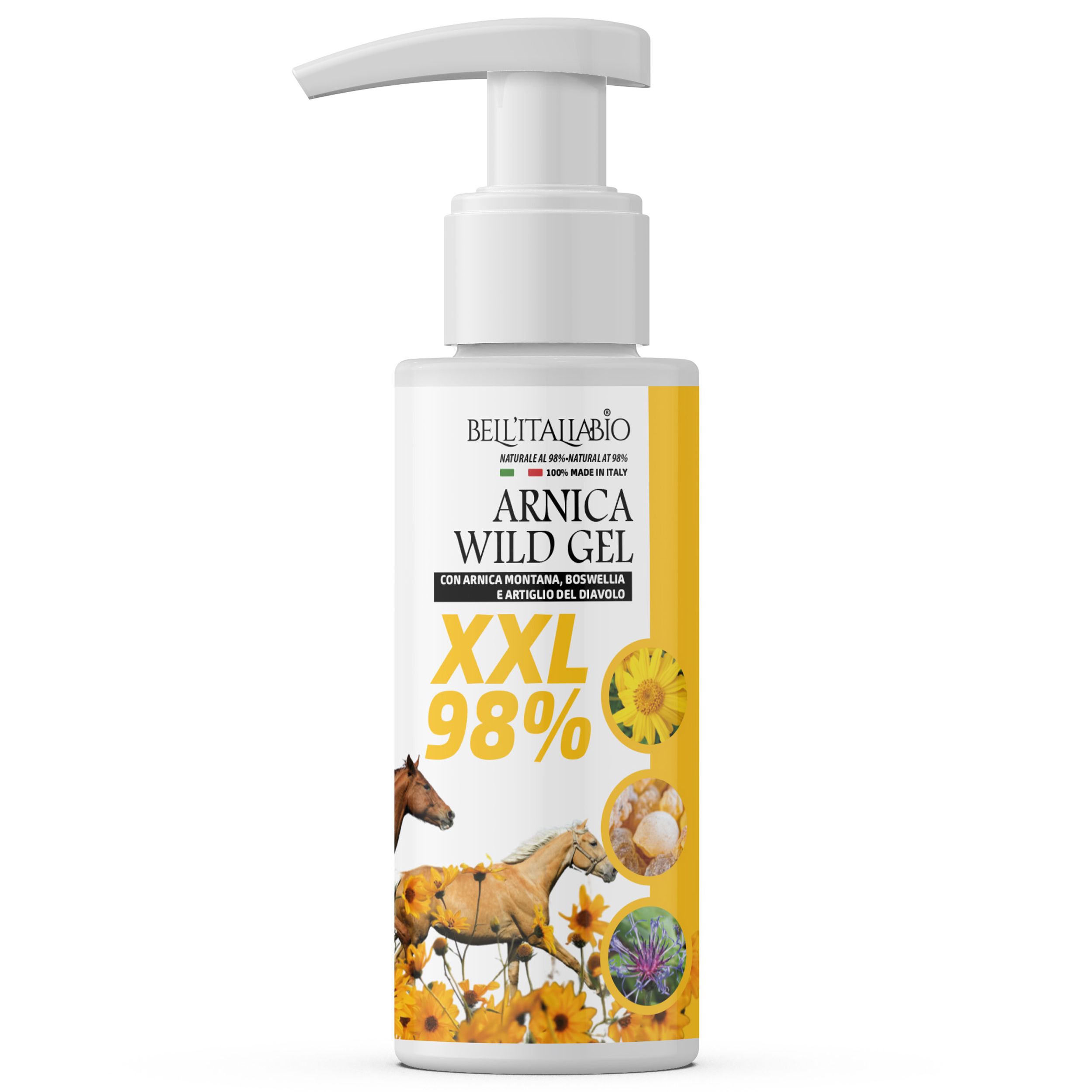 Gel-Flasche mit Pumpe, gelbes Etikett mit Produktnamen und Inhaltsstoffen. Text: XXL 98%.