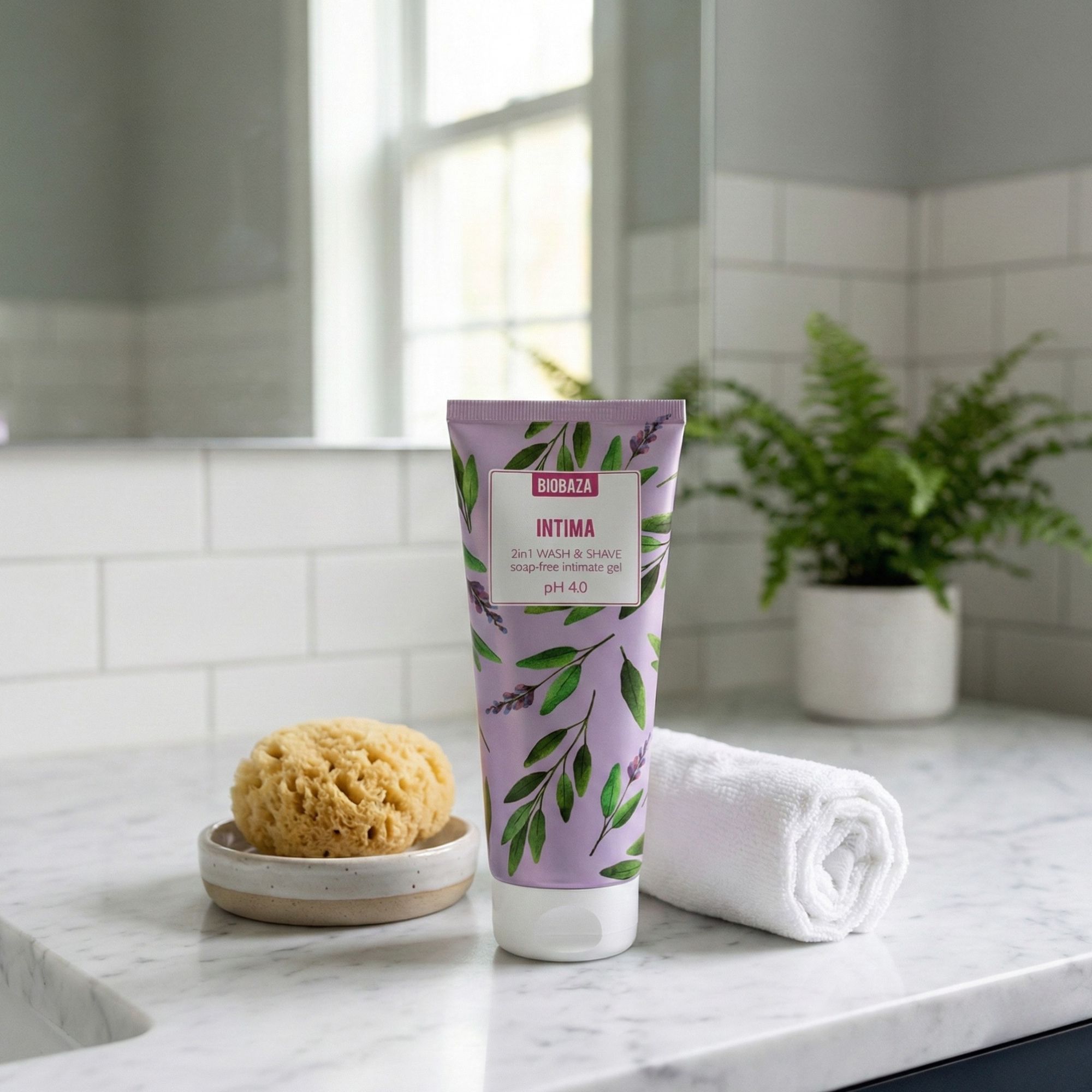 Lila Tube mit Produktnamen und floralem Design. Daneben ein Schwamm, ein Handtuch und eine Pflanze.