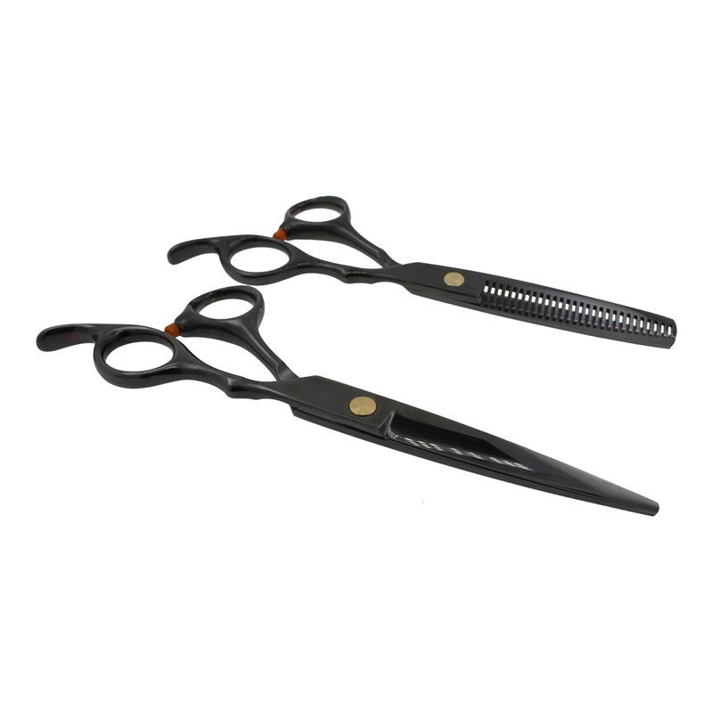 Zwei schwarze Friseurscheren, eine glatt, eine gezahnt, auf weißem Hintergrund.