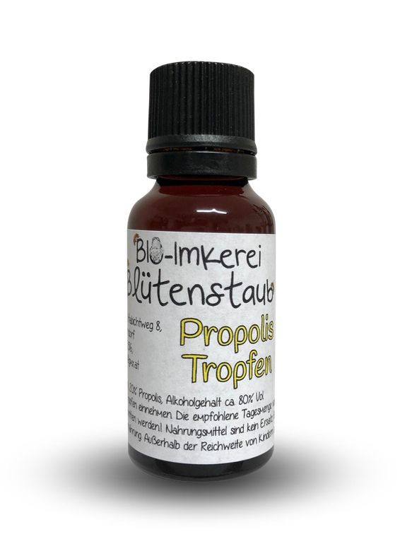 Braune Glasflasche mit schwarzem Deckel. Etikett mit "Bio-Imkerei Blütenstaub" und "Propolis Tropfen".