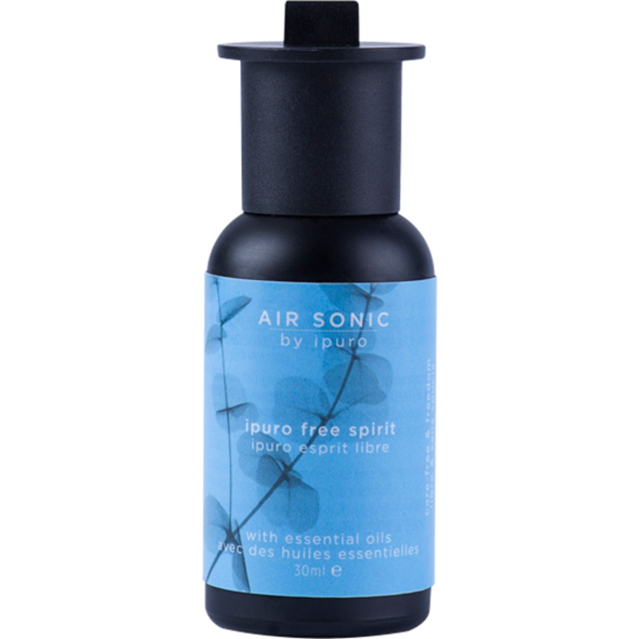 Air Sonic von Ipuro. Blaue Flasche mit schwarzem Deckel. Text: Free Spirit, mit ätherischen Ölen. 30ml.