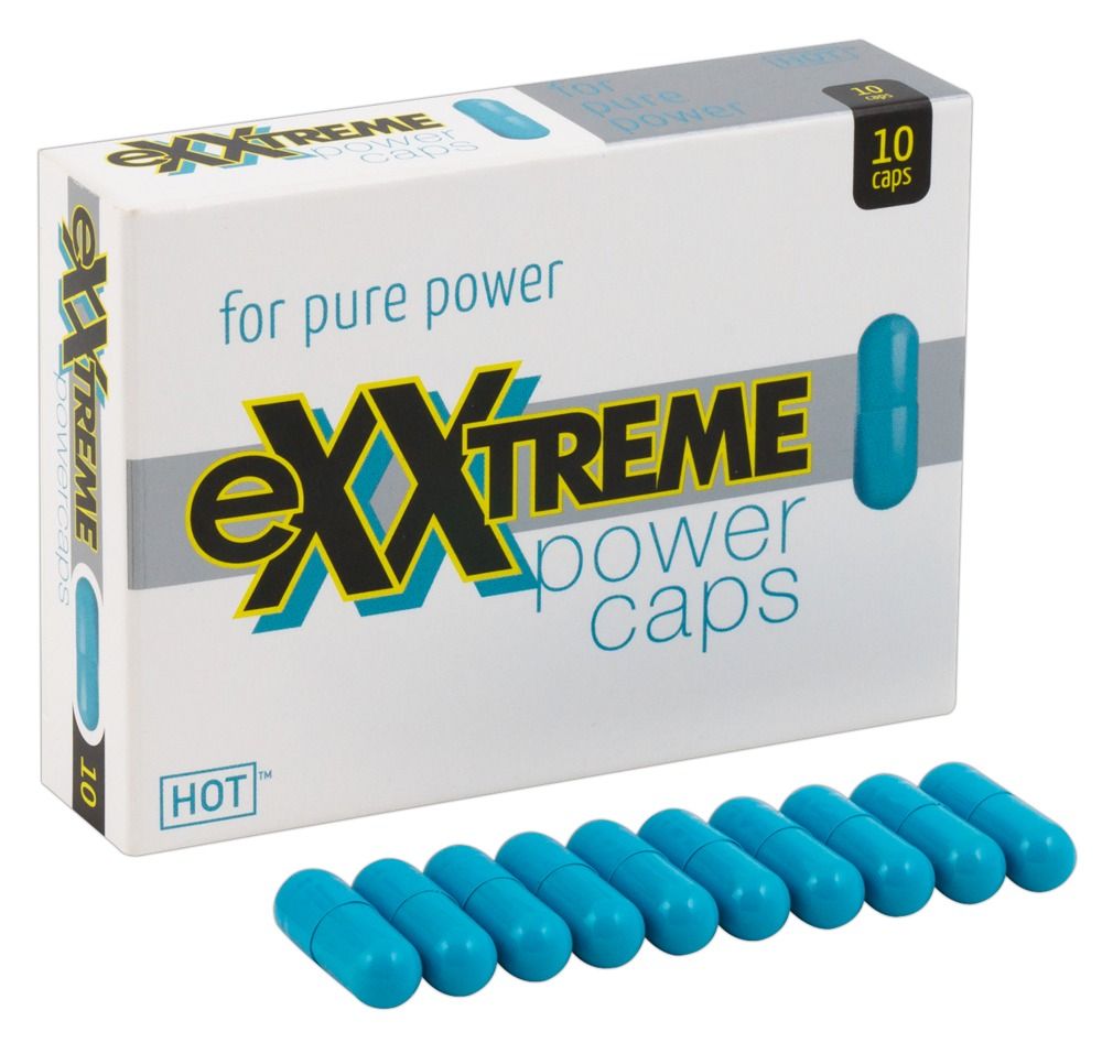 Verpackung von "eXXtreme power caps" und blaue Kapseln. 10 Kapseln. Text: for pure power. Produktpräsentation.