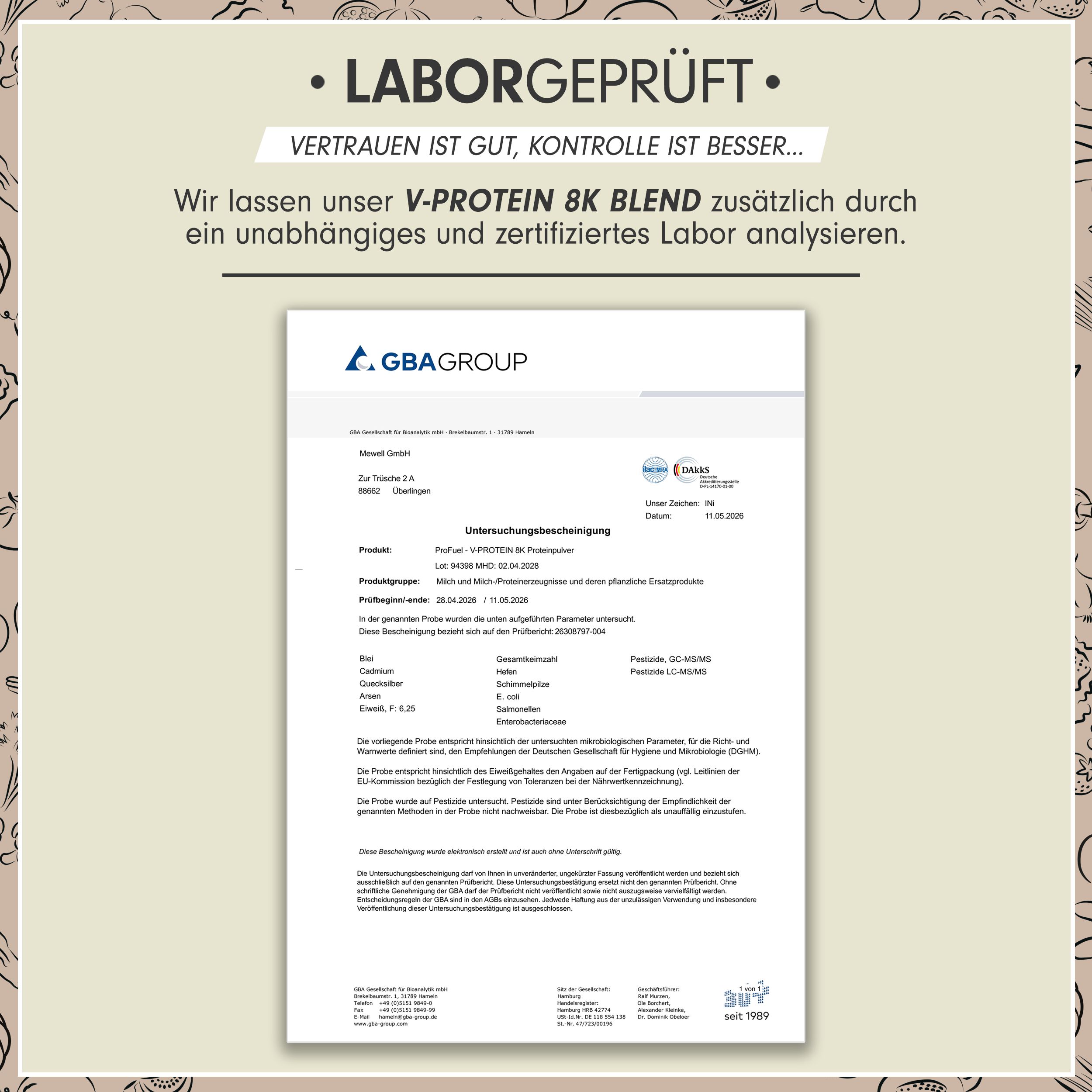 Pro Fuel V-Protein 8K Blend: Laborgeprüftes Zertifikat von GBA GROUP. Analyse von Proteinpulver.