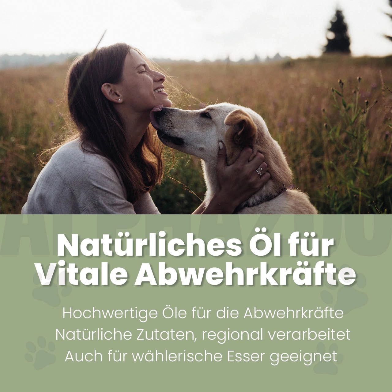 Frau und Hund im Feld. Text: Natürliches Öl für Vitale Abwehrkräfte. Hochwertige Öle, natürliche Zutaten, regional verarbeitet.