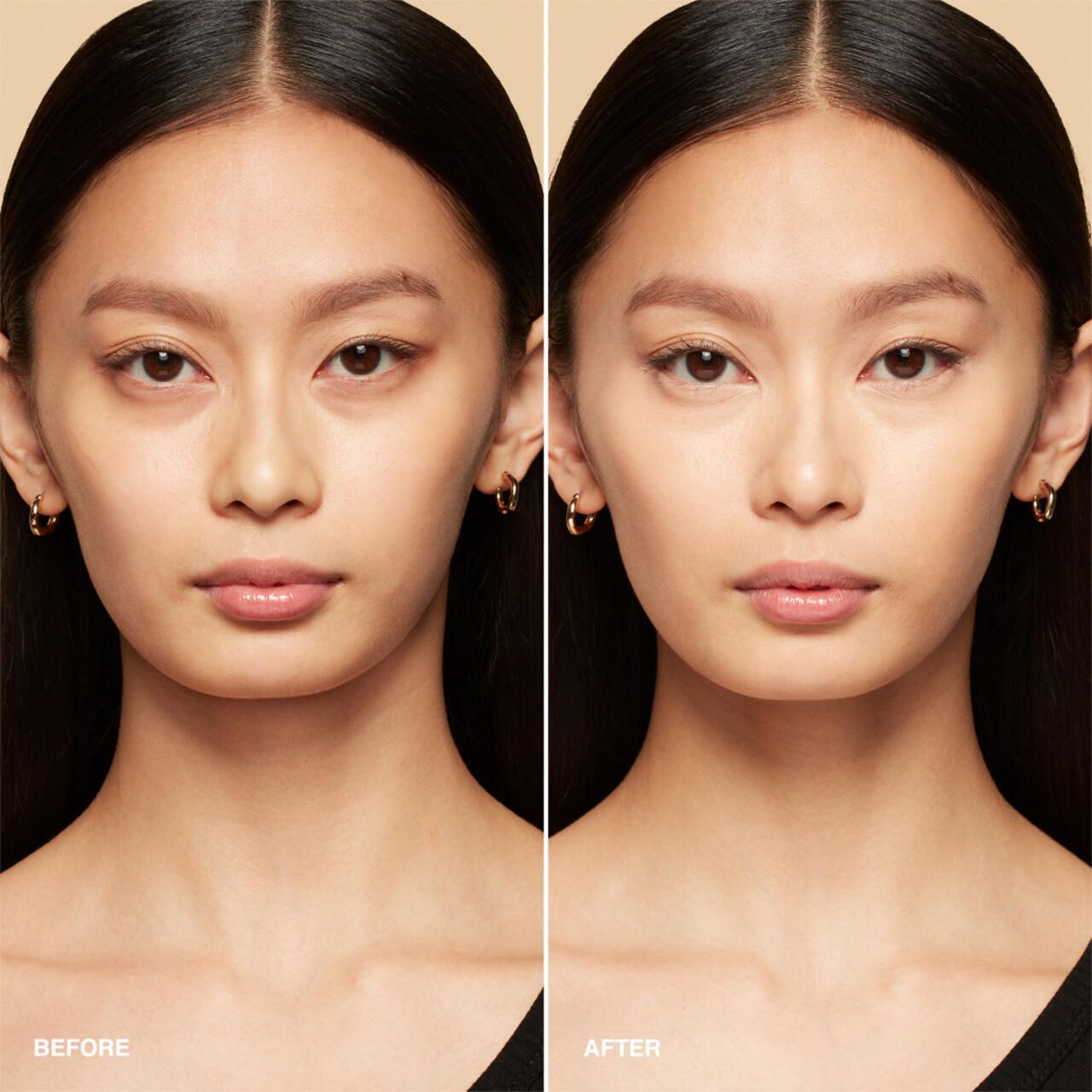 Vorher-Nachher-Vergleich: Gesicht einer Frau. Links: Ohne Concealer. Rechts: Mit Concealer.