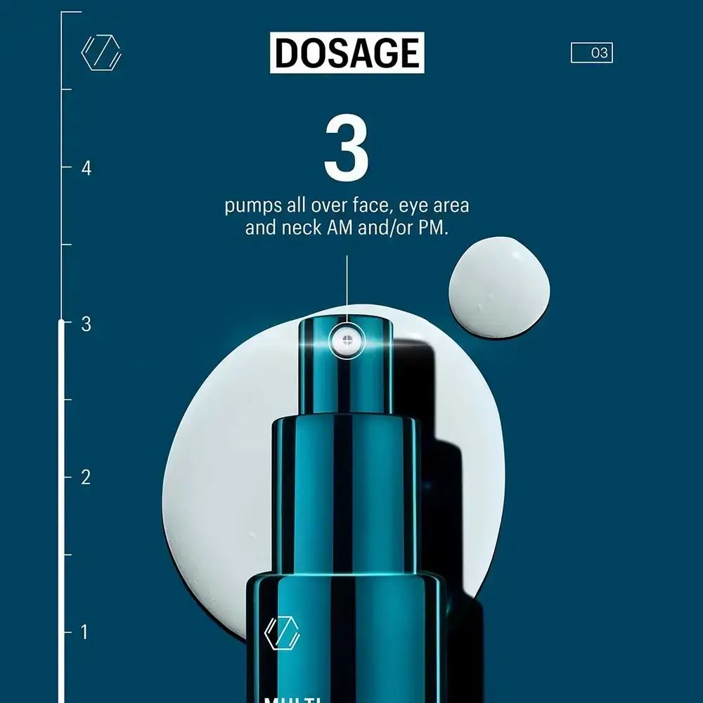 Dunkelgrüne Flasche mit Text: Multi Peptides & GF Advanced Lifting Serum. Dosierungsanleitung: 3 Pumpstöße.