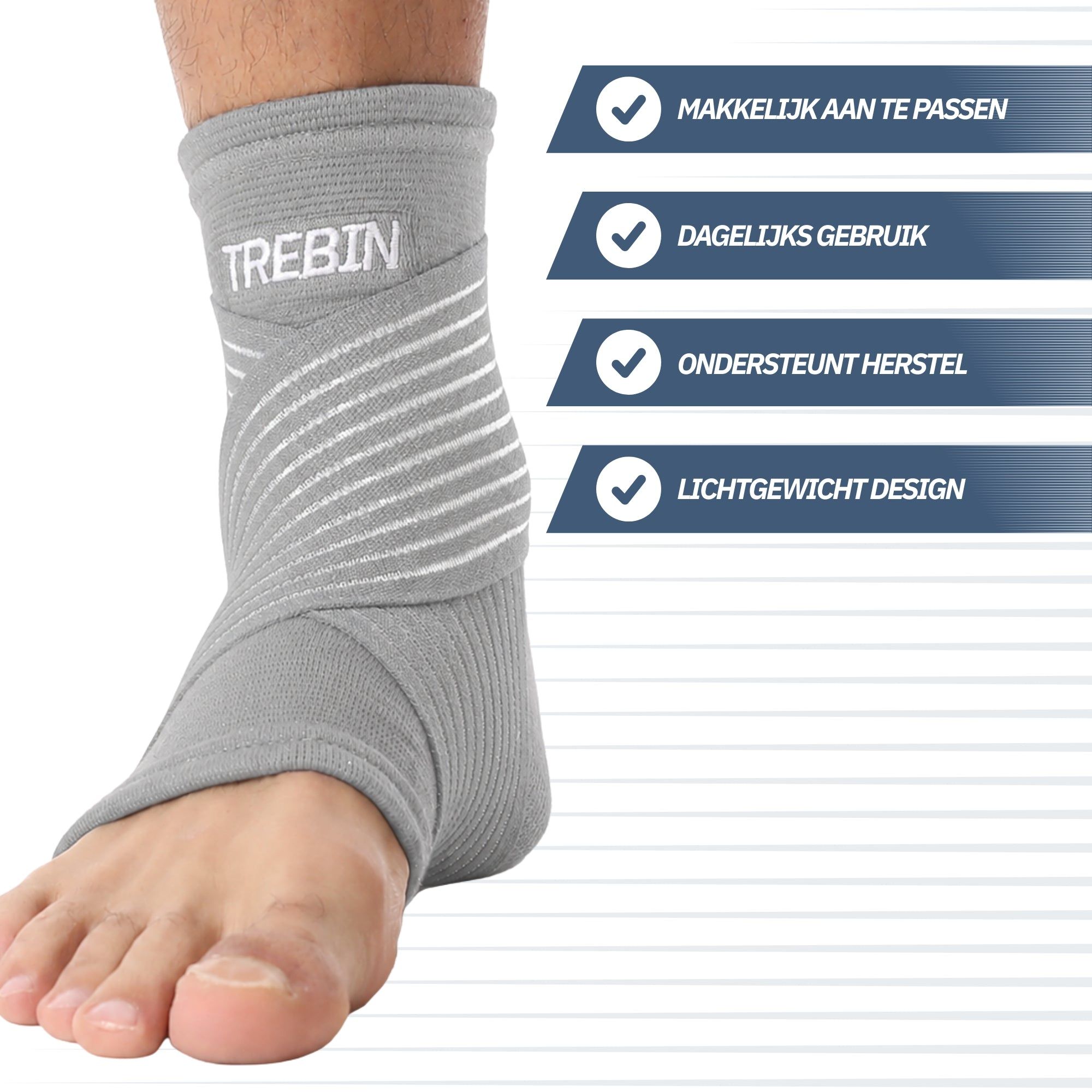 Graue Knöchelbandage mit französischen Texten: 'Facile à ajuster', 'Usage quotidien', 'Aide à récupérer', 'Design léger'.
