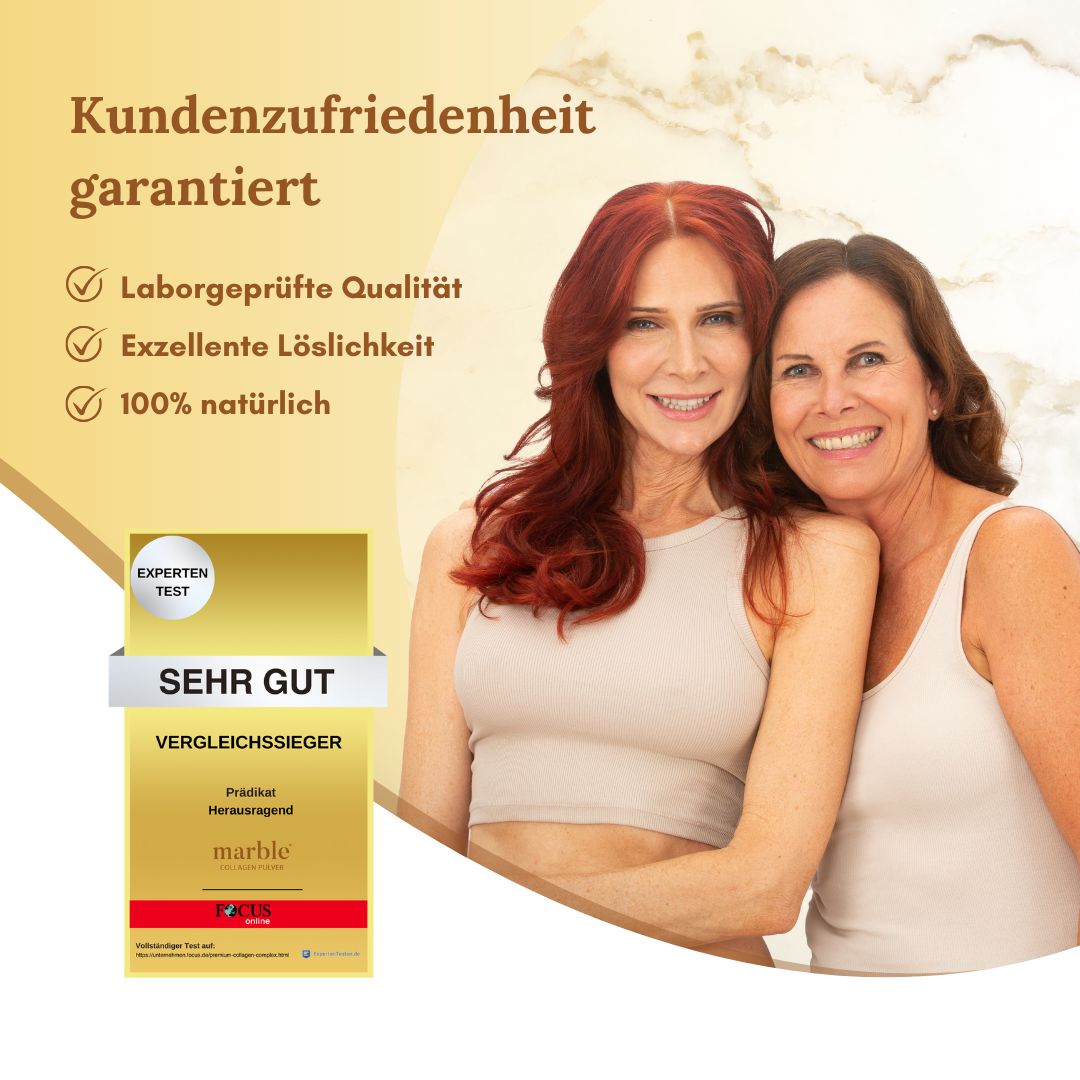 Zwei Frauen lächeln. Produktverpackung mit Auszeichnung 'Sehr Gut' und Logo.