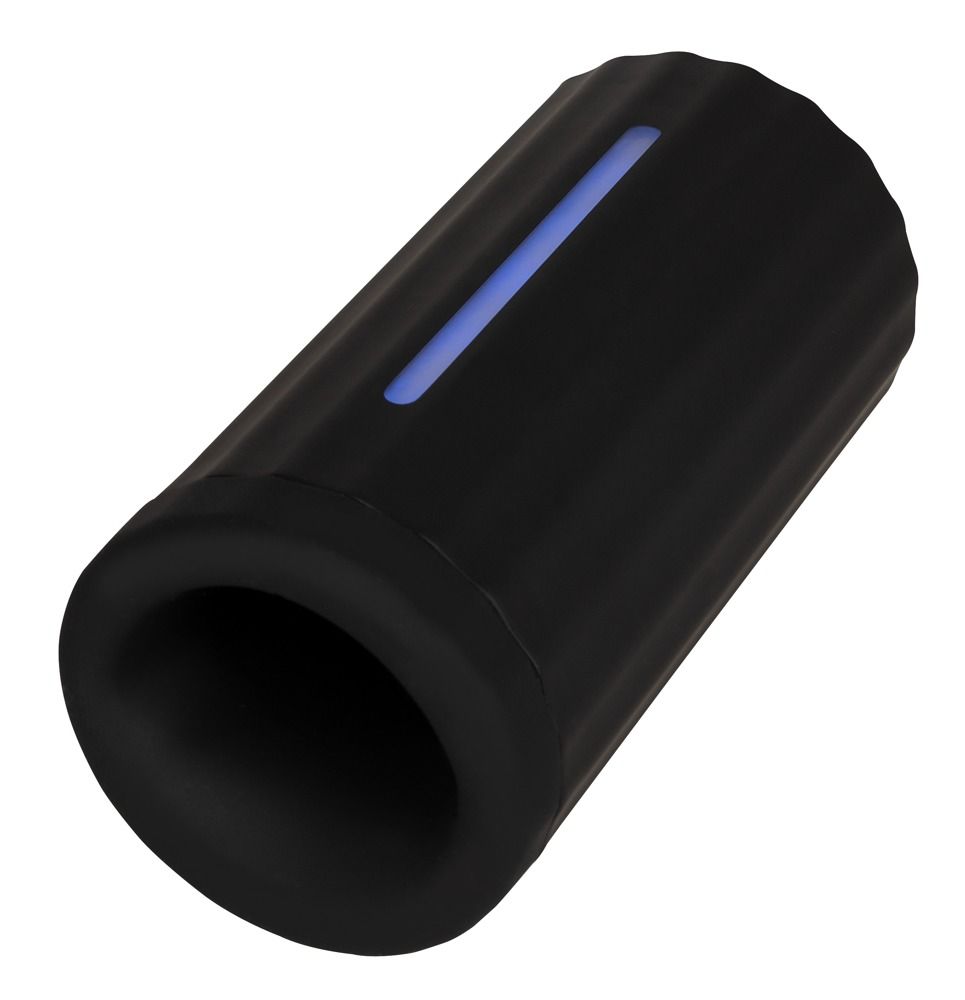 Schwarzes, zylindrisches Produkt mit blau leuchtendem Streifen. Abgerundete Form.