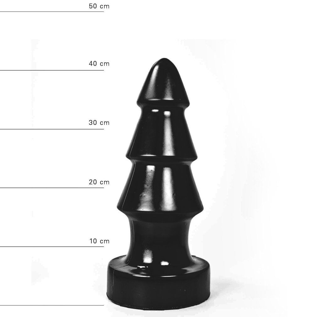 Schwarzer, kegelförmiger Buttplug. Mit Größenangaben in cm. Breite Basis, sich verjüngende Form mit drei Abschnitten.