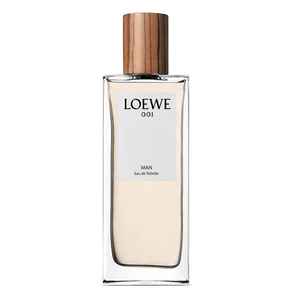 Loewe 001 Man Eau de Toilette Spray. Rechteckiger Glasflakon mit Holzverschluss. Weißes Etikett mit Logo und Produktbezeichnung.