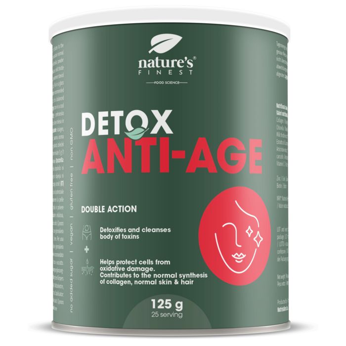 Grüne Dose mit "Nature's Finest Detox Anti-Age". Enthält 125g. Vegan, glutenfrei. Roter Kreis mit Gesicht.