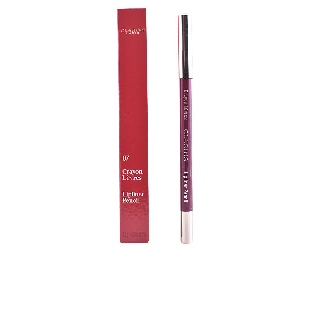 Lippenstiftstift und Verpackung. Rot, mit Text: Crayon Lèvres, Lipliner Pencil, 07. Marke Clarins.