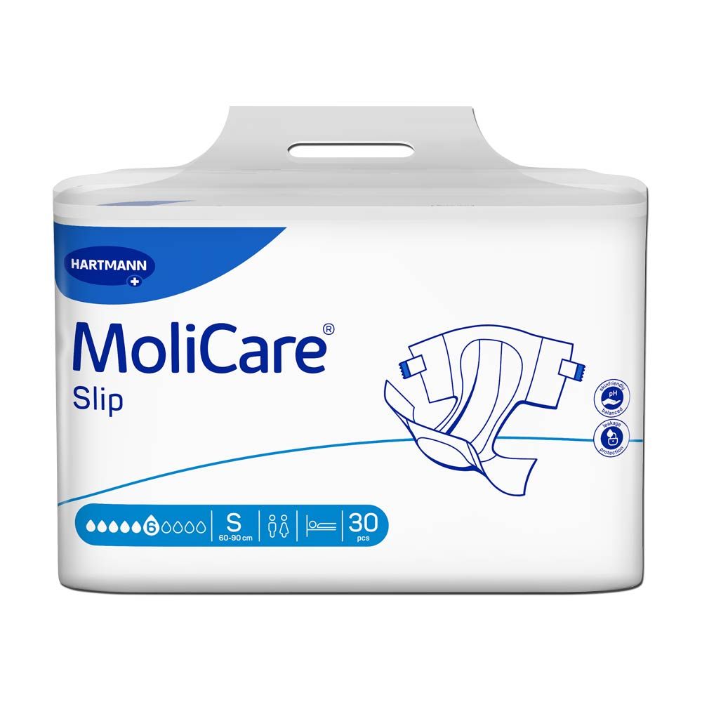 Verpackung von MoliCare Slip. Weiß mit blauer Schrift. Hartmann Logo. 6 Tropfen, Größe S, 30 Stück.