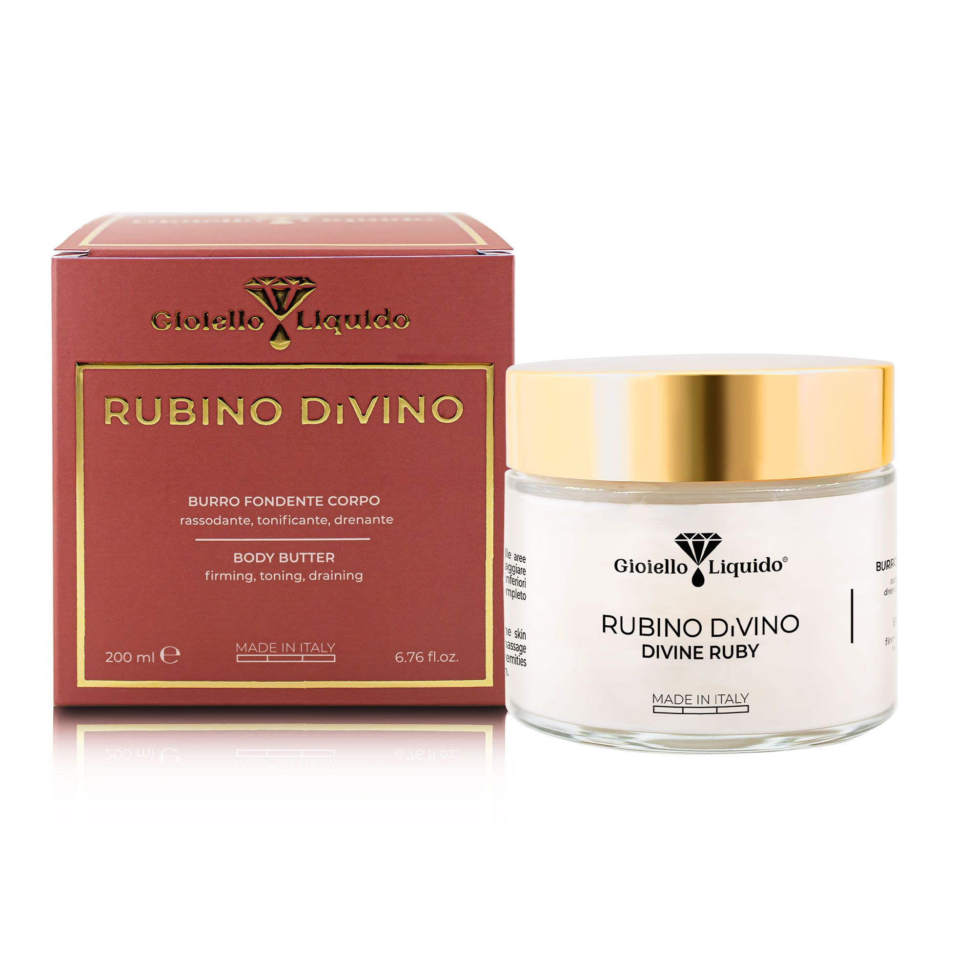 Körperbutter-Glas und -Verpackung. Aufschrift: Rubino Divino, Body Butter, Made in Italy. Goldener Deckel.