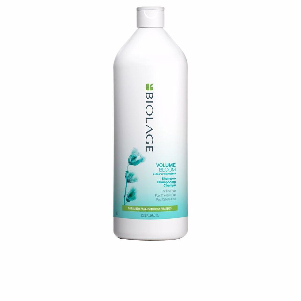Weiße Shampoo-Flasche mit grünem Etikett. Aufschrift: Matrix Biolage VolumeBloom Shampoo. Für feines Haar. 1L.
