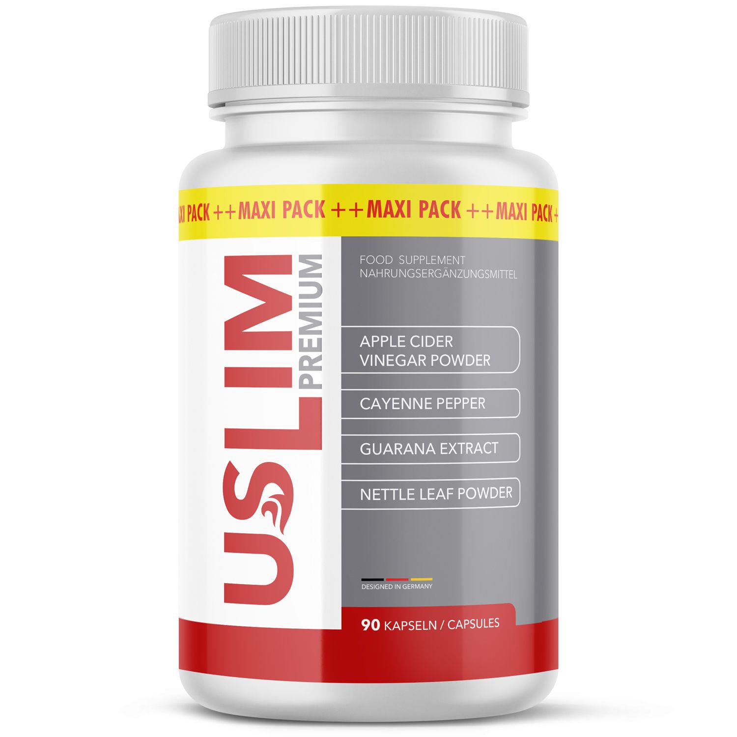 Weiße Flasche mit rotem und grauem Etikett. Aufschrift USLIM PREMIUM. Enthält 90 Kapseln. Zutaten: Apfelessig, Cayennepfeffer, Guarana, Brennnessel.