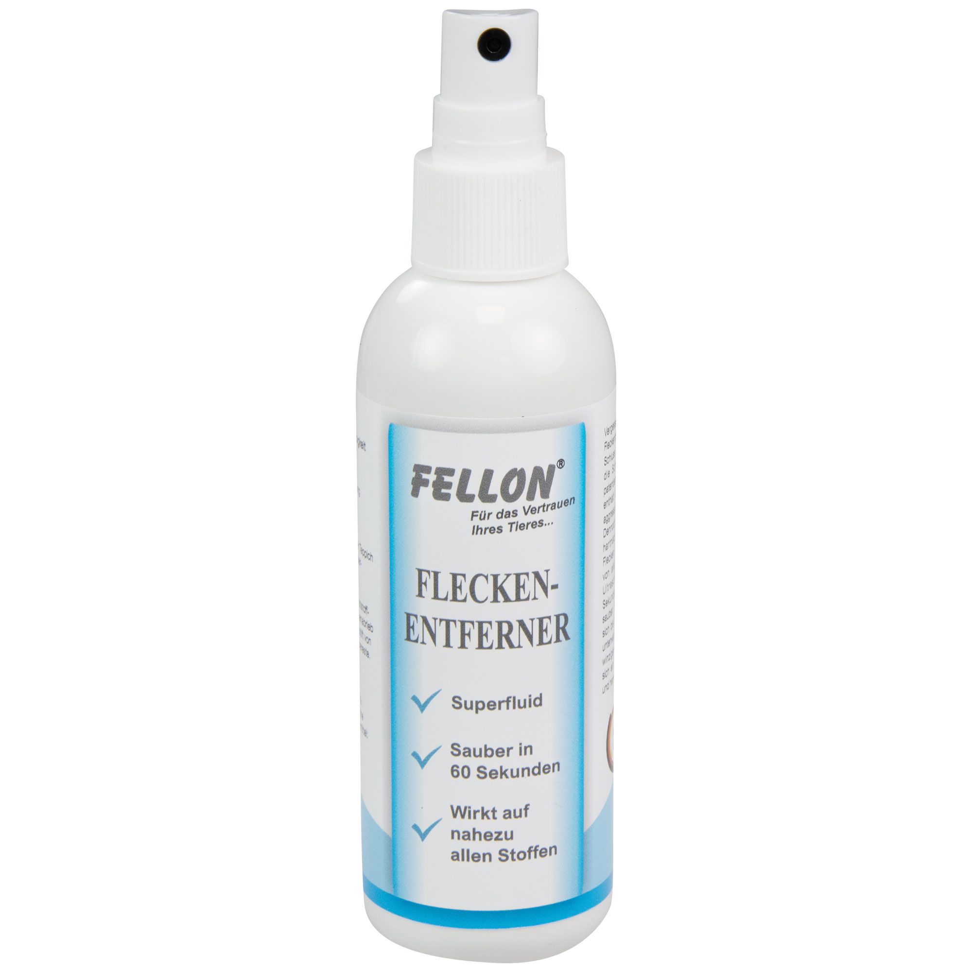 Weiße Sprühflasche mit blauem Etikett. Aufschrift FELLON, FLECKEN-ENTFERNER. Enthält Superfluid, reinigt in 60 Sekunden, wirkt auf fast allen Stoffen.