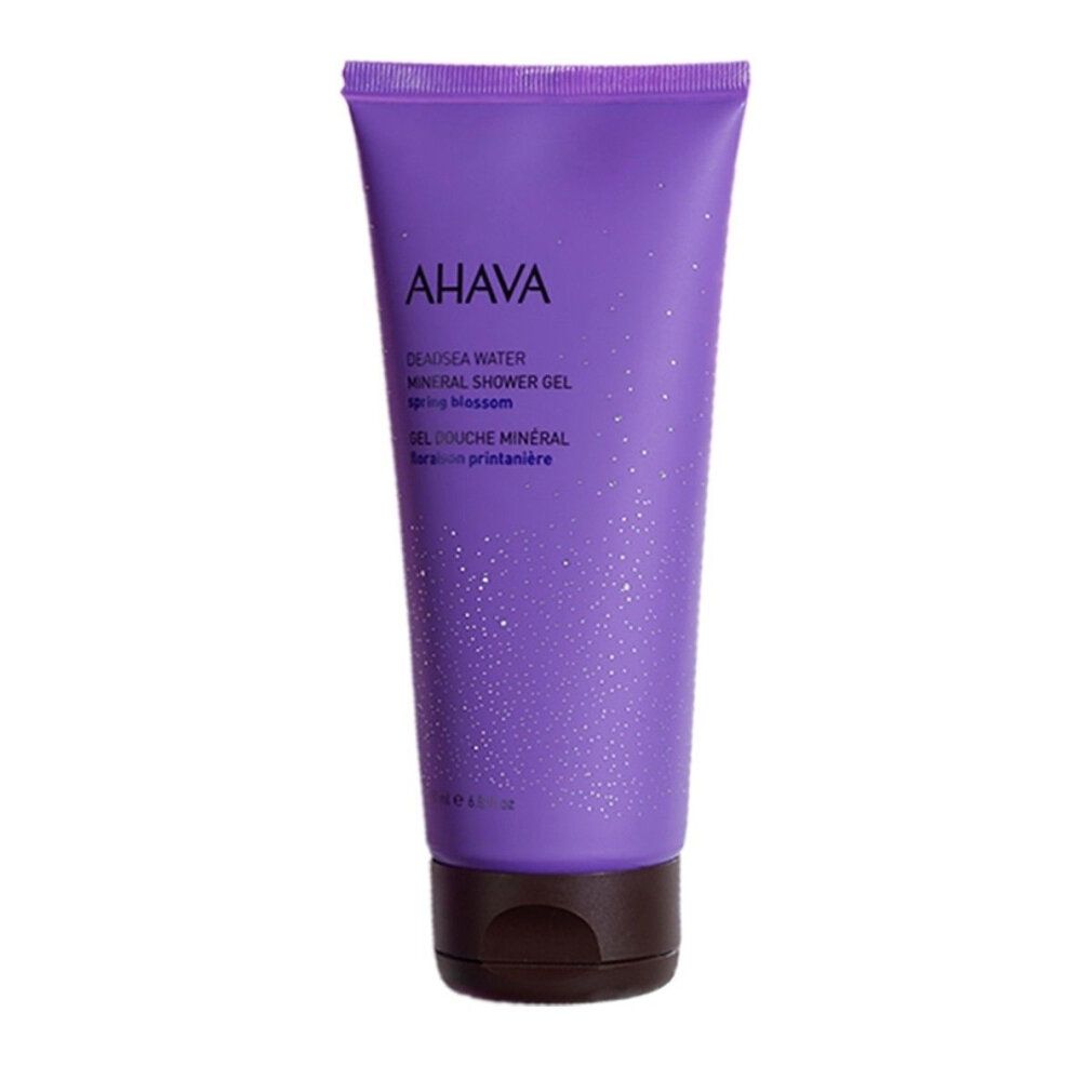 Lila Tube mit AHAVA-Schriftzug. Text: DEADSEA WATER Mineral Shower Gel Spring Blossom. Brauner Deckel.