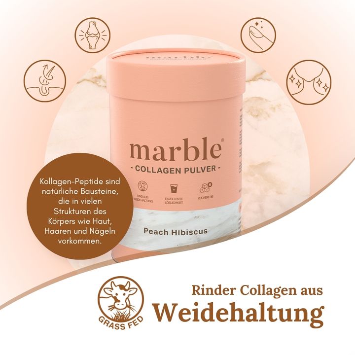 Rosa Dose mit Collagen Pulver. Text: Rinder Collagen aus Weidehaltung. Grafiken zeigen Vorteile für Haut, Haare, Nägel.