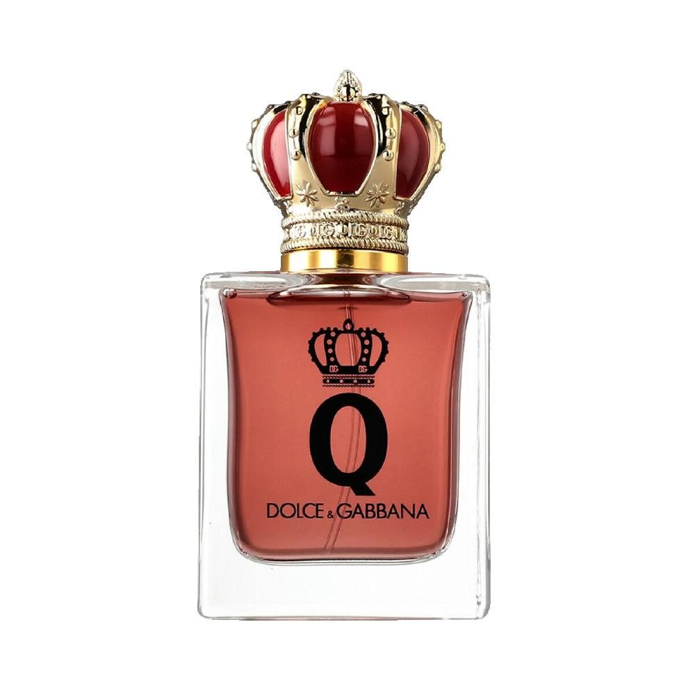 Parfümflakon mit rotem Inhalt. Roter Kronenverschluss. Aufschrift: Q, Dolce & Gabbana. Quadratische Form.