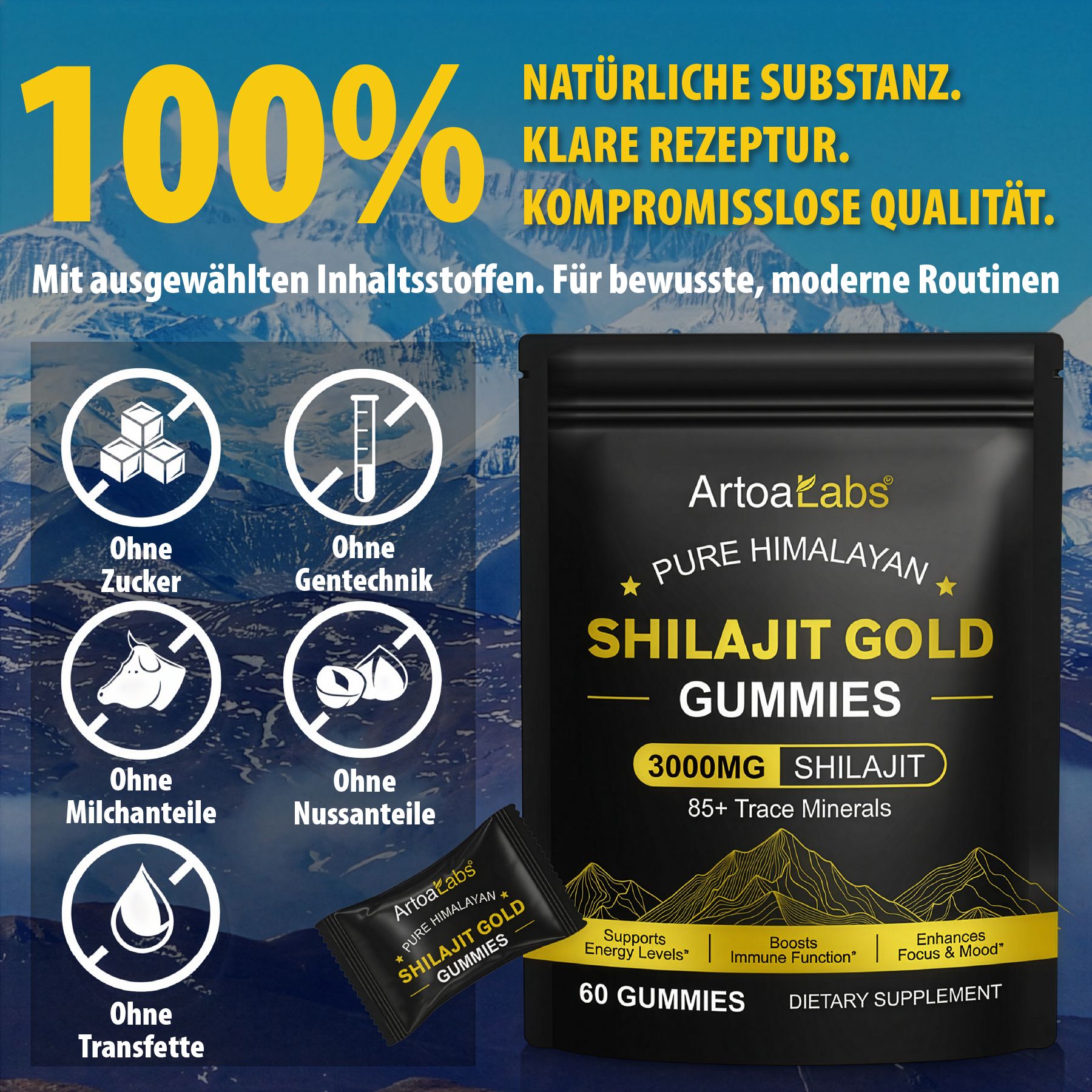 Schwarze Verpackung mit Produktinformationen. Text: ArtoaLabs, Shilajit Gold Gummies, 3000mg Shilajit, 60 Gummies. Ohne Zucker, Gentechnik, etc.