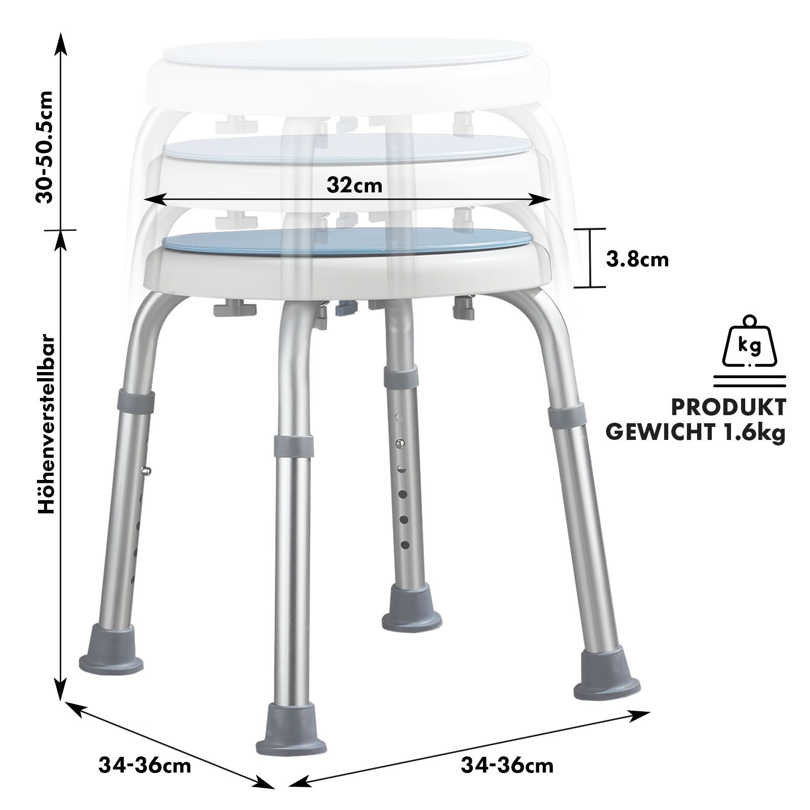 KARAT Duschhocker Peter - Höhenverstellbar, rutschfest - Belastbar bis 150 kg - 360° drehbar