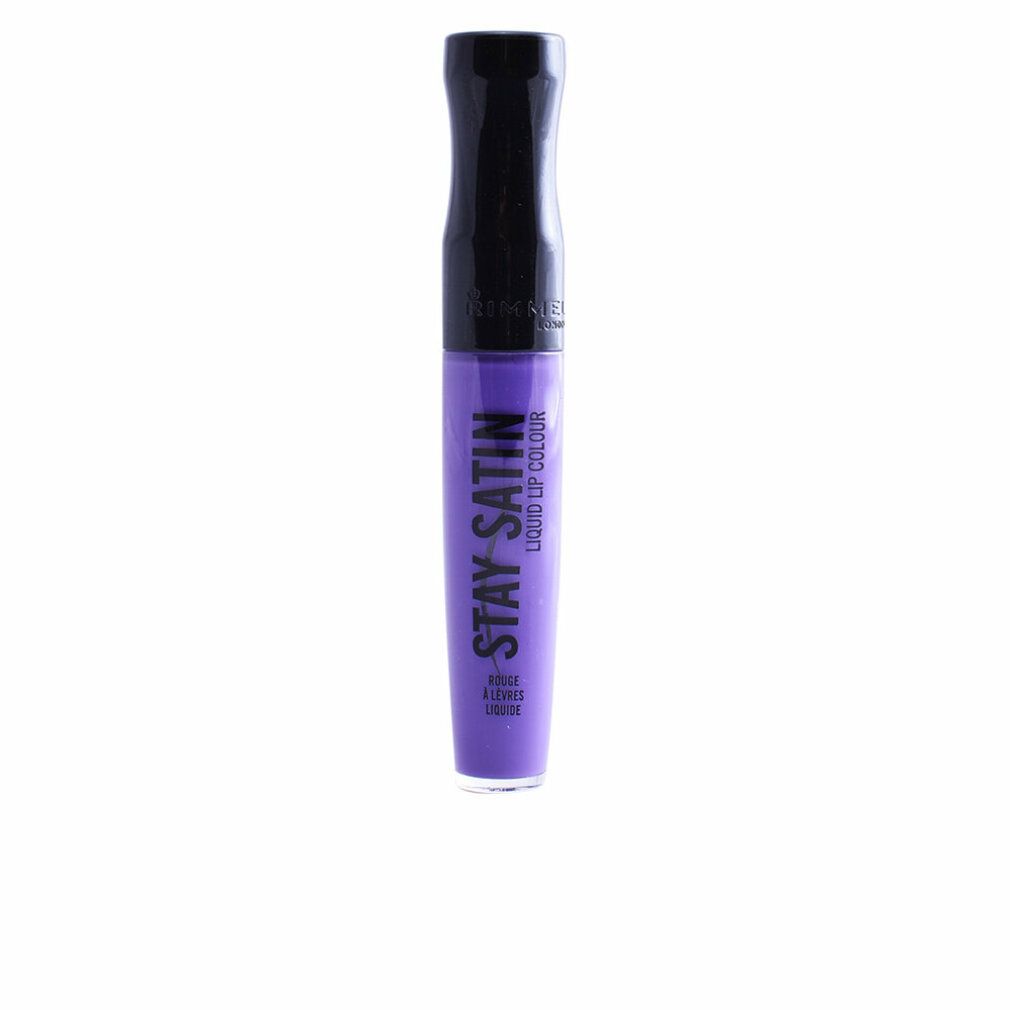 Lippenstift-Tube mit schwarzem Deckel. Aufschrift: STAY SATIN LIQUID LIP COLOUR. Farbe: Violett.