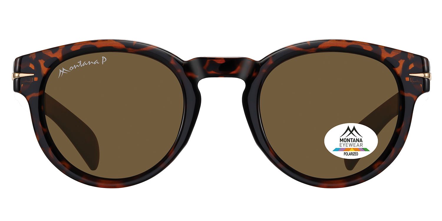 Runde Sonnenbrille mit braunen Gläsern und Schildpatt-Muster. Montana Eyewear Logo und Polarized-Aufkleber.
