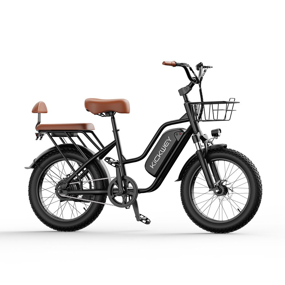 Schwarzes E-Bike mit braunem Sattel und Korb. Akku mit KICKWEY-Logo. Breitreifen.