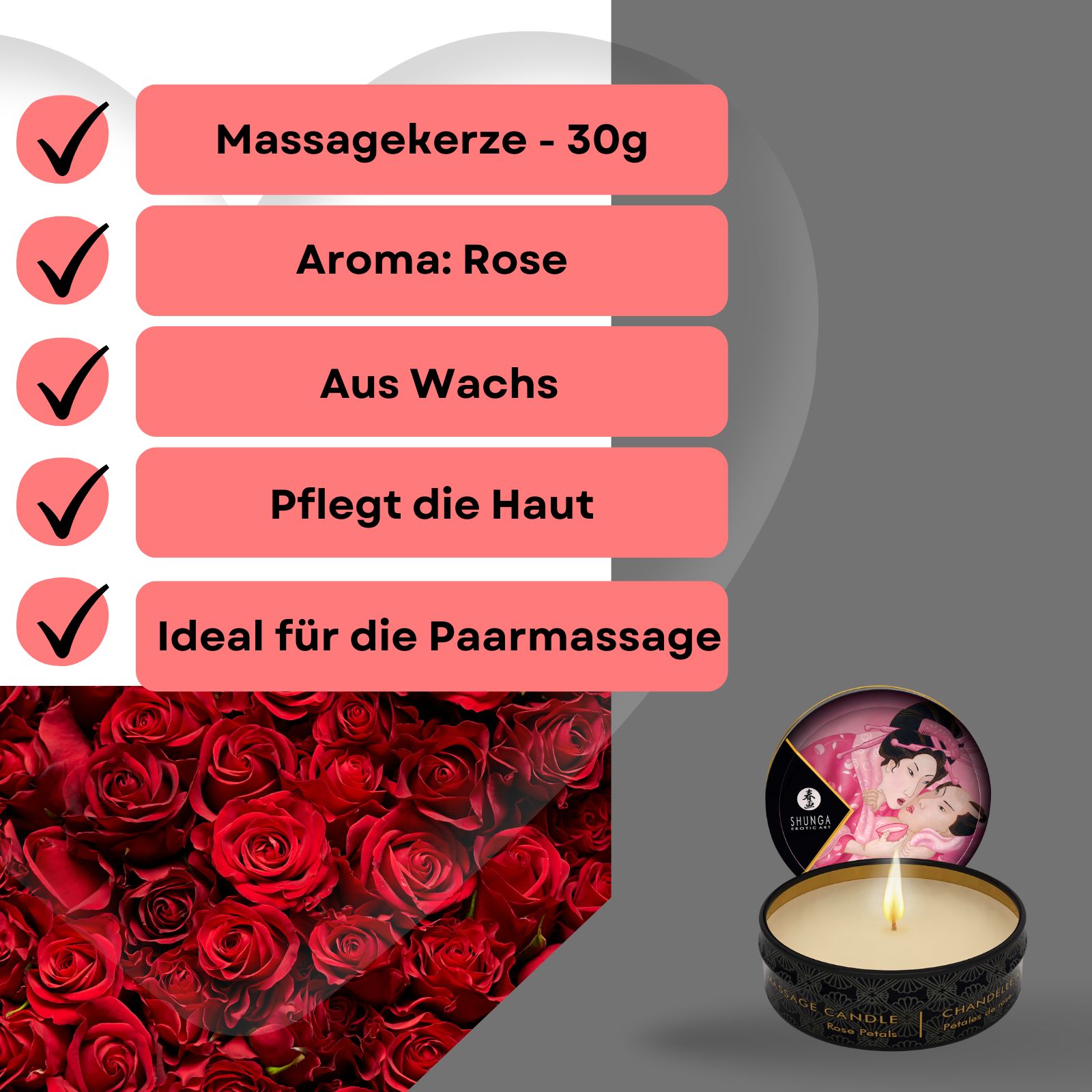 Massagekerze mit Aroma Rose. Produktinformationen: 30g, Aroma Rose, aus Wachs, pflegt die Haut, ideal für die Paarmassage.