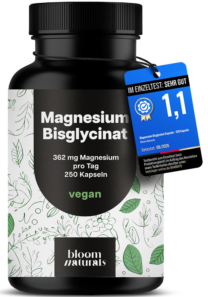 Schwarze Dose mit Magnesium Bisglycinat, 362 mg Magnesium pro Tag, 250 Kapseln, vegan. Mit Siegel 'Im Einzeltest: Sehr gut 1,1'.