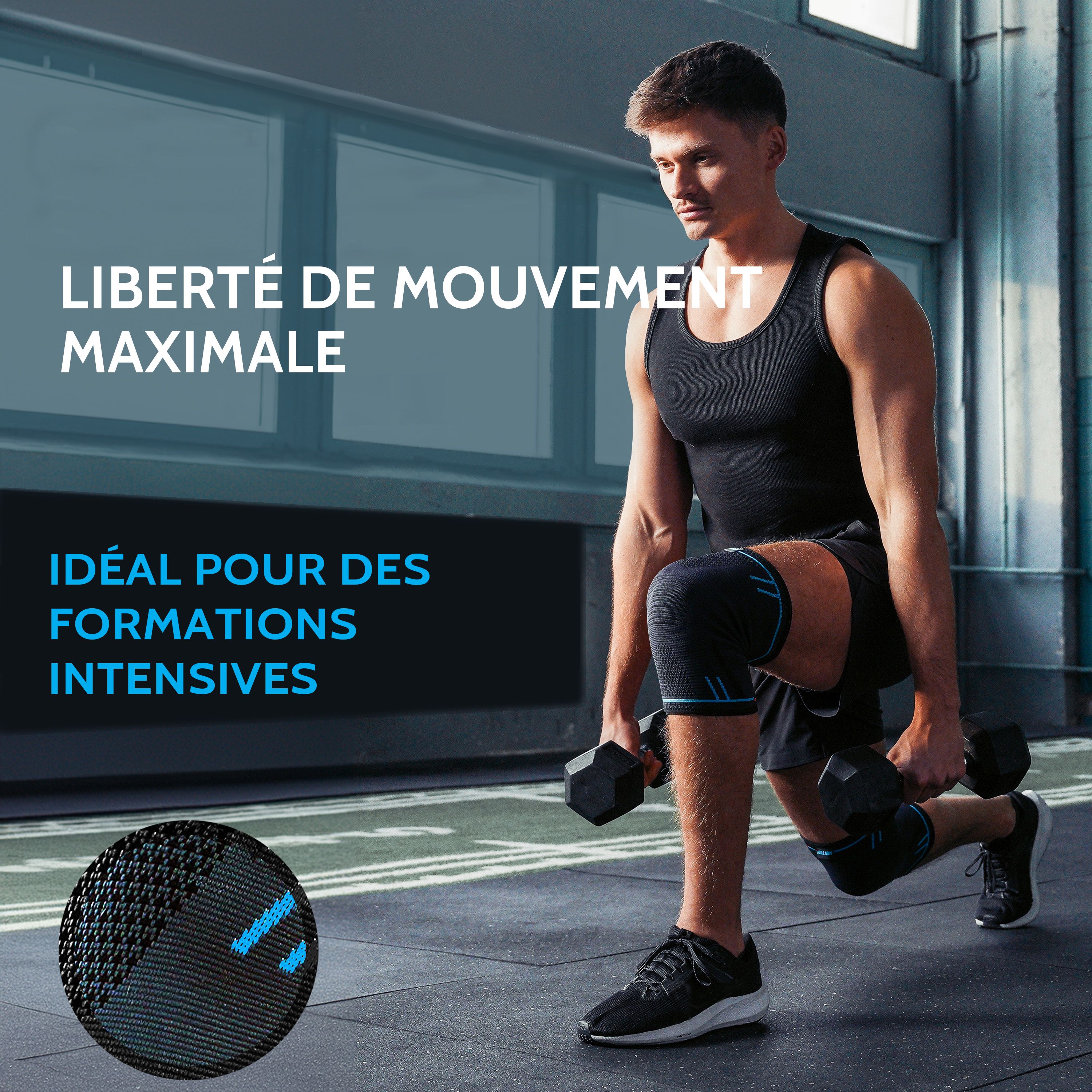 Homme s'entraînant avec haltères et genouillères. Texte : Liberté de mouvement maximale. Idéal pour les entraînements intensifs.