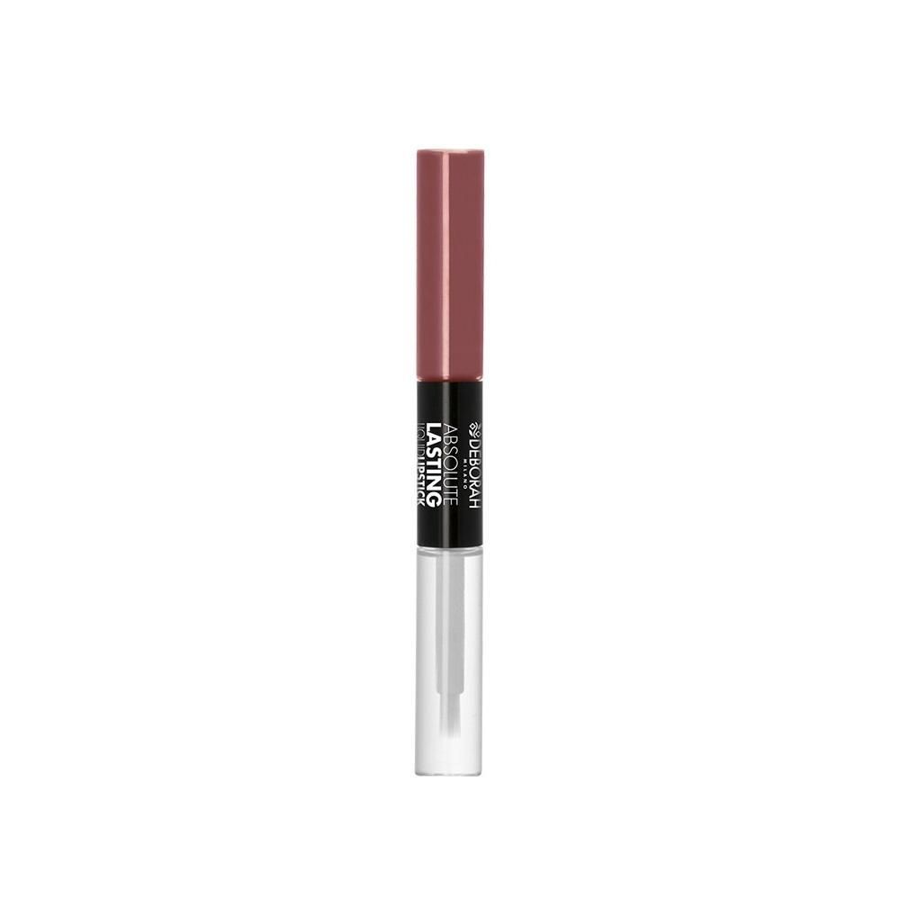 Doppel-Lippenstift. Oben: Rosa-braun. Unten: Klar. Text: Deborah, Absolute Lasting.
