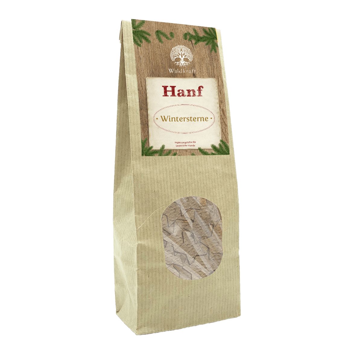 Braune Papiertüte mit Sichtfenster. Aufdruck: Hanf Wintersterne. Logo und Schriftzug Waldkraft.