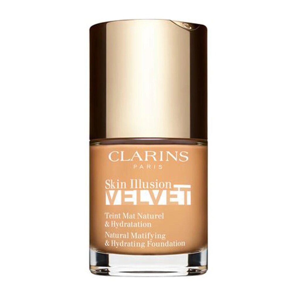 Flüssigmake-up-Flakon. Marke Clarins. Skin Illusion Velvet. Goldener Deckel, beige Flüssigkeit. Text: Natural Matifying & Hydrating Foundation.