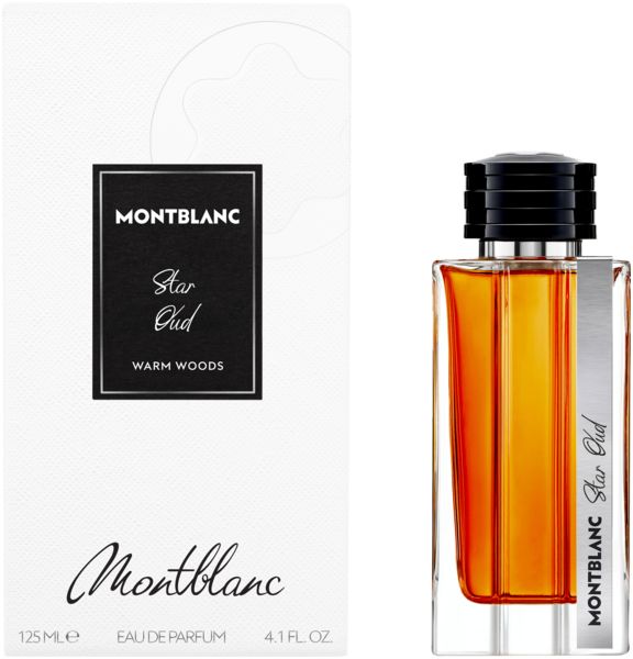 Parfümflasche mit schwarzem Verschluss und Etikett. Auf dem Etikett steht Montblanc Star Oud. Daneben eine weiße Schachtel mit Logo und Produktnamen.