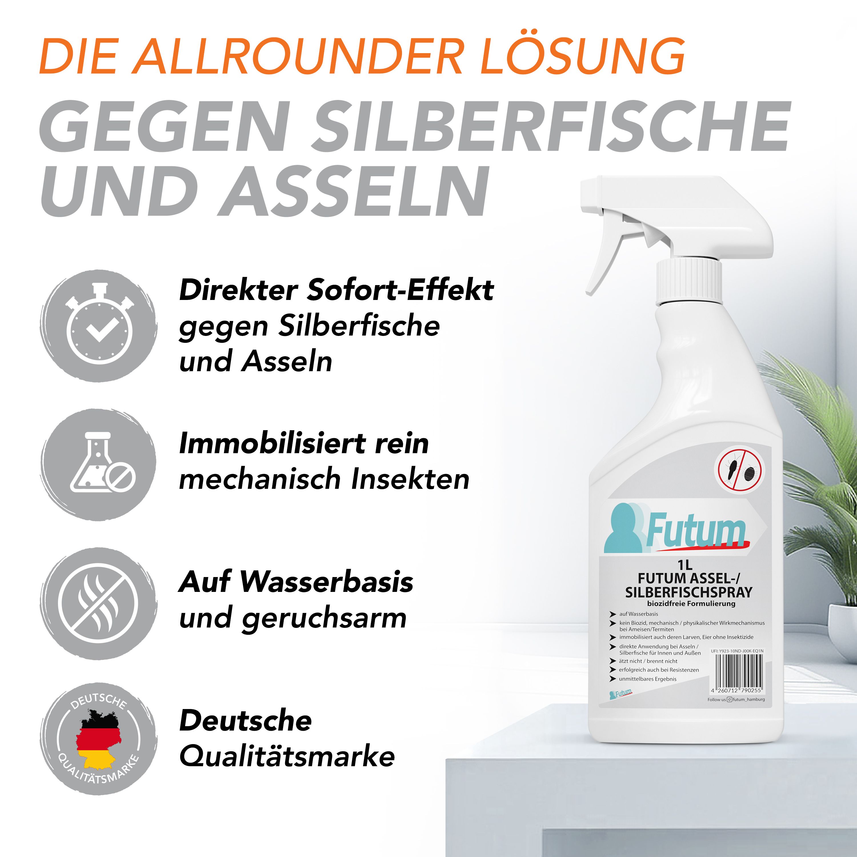 Werbebild mit Sprühflasche. Text: Die Allrounder Lösung gegen Silberfische und Asseln. Deutsche Qualitätsmarke.