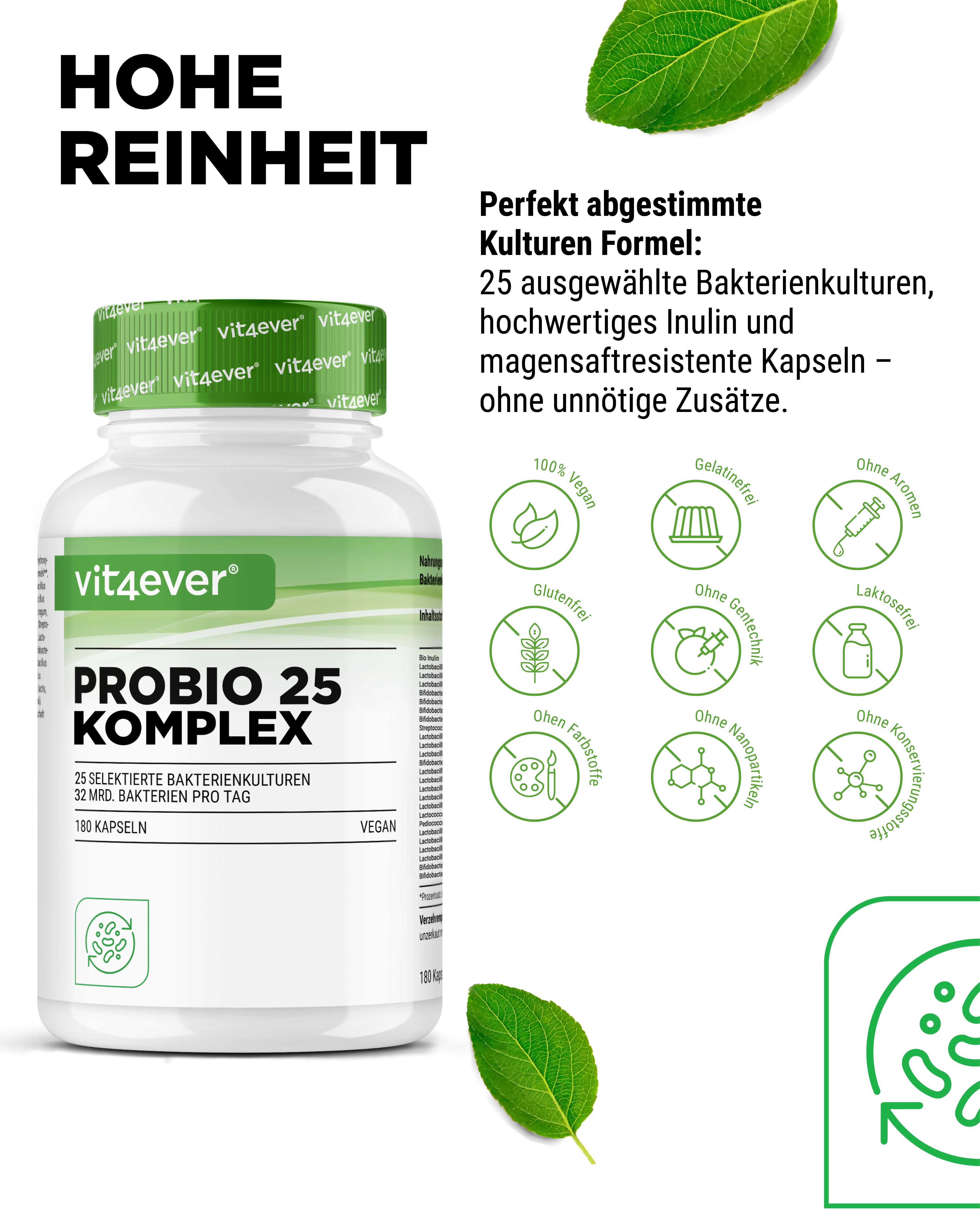 Vit4ever Probio 25 Komplex: 100% vegan, glutenfrei, ohne Laktose, Gelatine, Alkohol, Konservierungsstoffe.