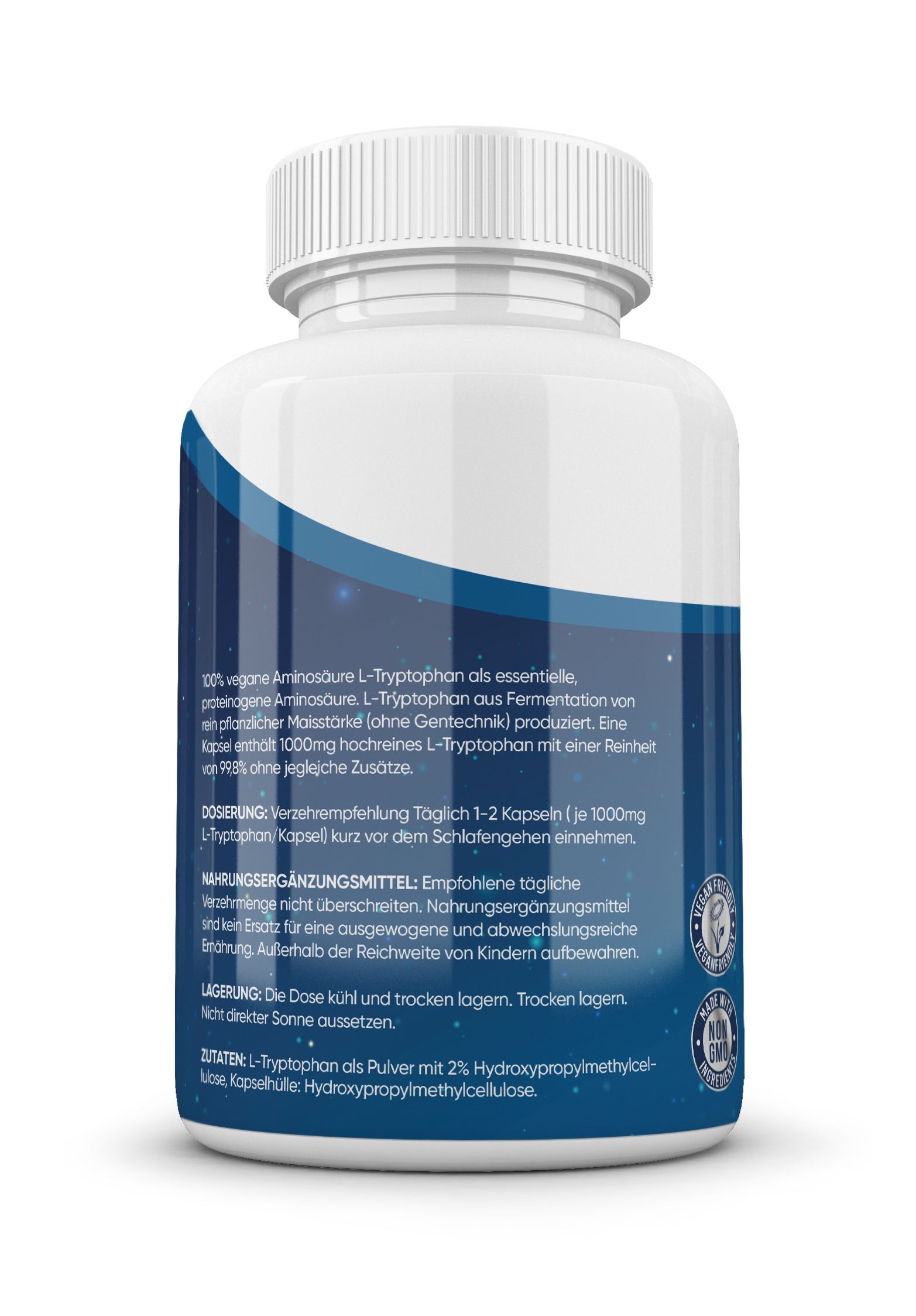 Rückseite einer weißen Flasche mit blauem Etikett. Text: L-Tryptophan, Dosierung, Inhaltsstoffe. Vegan, ohne Gentechnik. Informationen zum Produkt.