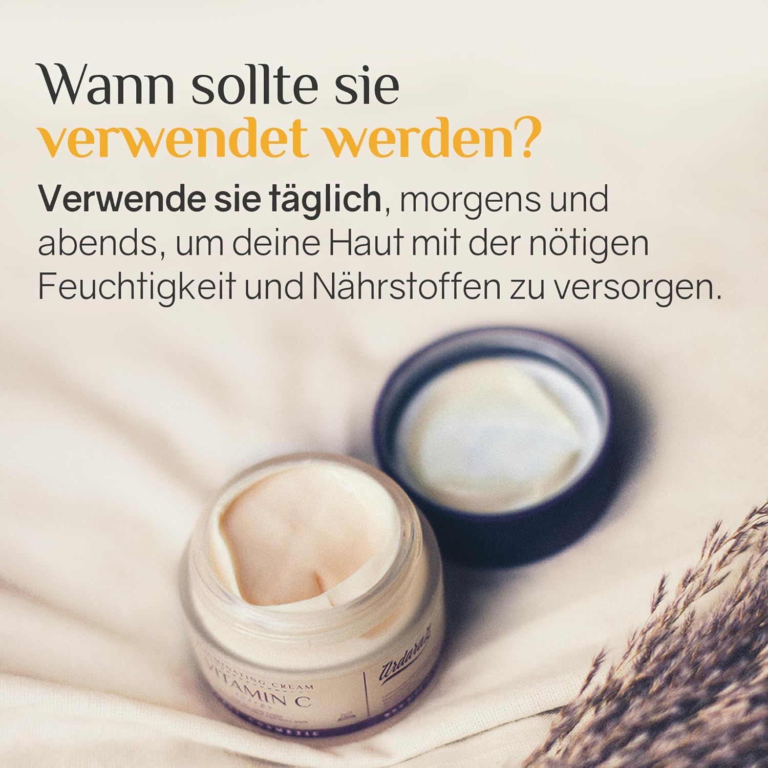 Offenes Creme-Glas mit Deckel daneben. Text: Wann sollte sie verwendet werden? Marke: Ardaraz. Creme-Glas mit Aufschrift Vitamin C.