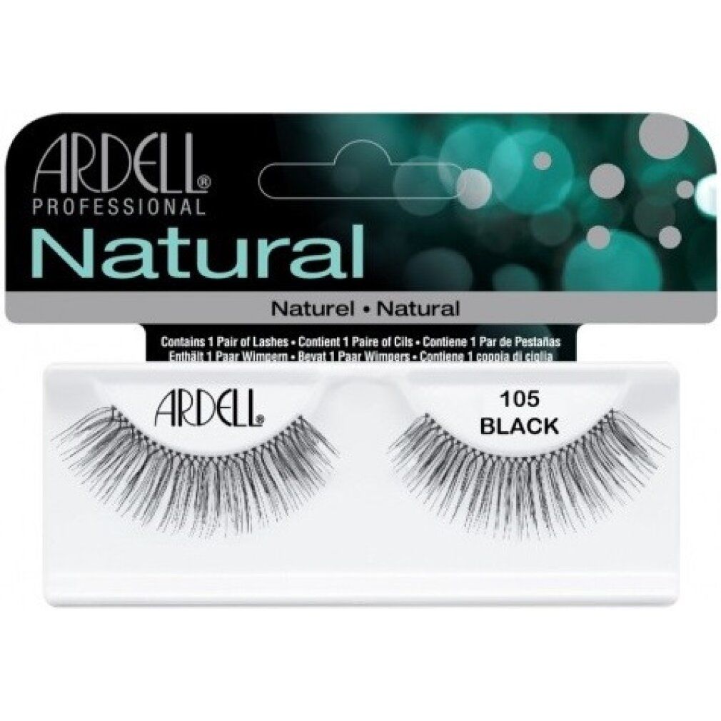 Ardell Fashion Lashes - 105 Black. Schwarze Wimpern in Verpackung. "Natural" und "Black" Schriftzug.