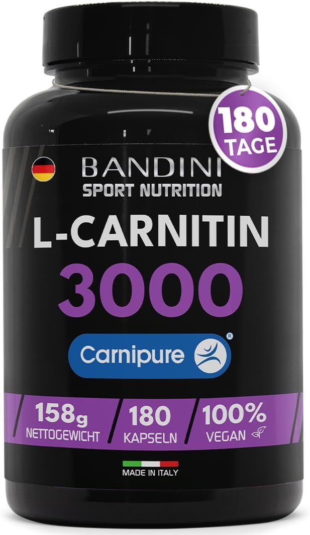 Schwarze Flasche Bandini L-Carnitin 3000 Kapseln. Aufschrift: Carnipure, 158g, 180 Kapseln, 100% Vegan. Hergestellt in Italien.